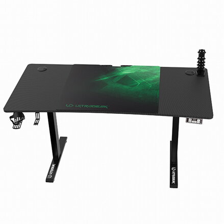 ULTRADESK Herní stůl LEVEL V2 GREEN, 140x68cm, 72-117cm, elektricky nastavitelná výška, s XXL podložkou pod myš, držák sluchátek i