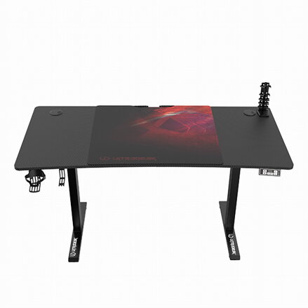ULTRADESK Herní stůl LEVEL V2 RED, 140x68cm, 72-117cm, elektricky nastavitelná výška, s XXL podložkou pod myš, držák sluchátek i n