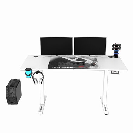ULTRADESK Herní stůl LEVEL V2 WHITE, 140x68cm, 72-117cm, elektricky nastavitelná výška, s XXL podložkou pod myš, držák sluchátek i