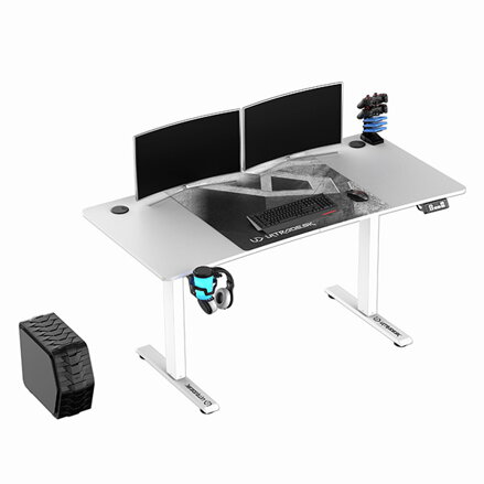 ULTRADESK Herní stůl LEVEL V2 WHITE, 140x68cm, 72-117cm, elektricky nastavitelná výška, s XXL podložkou pod myš, držák sluchátek i