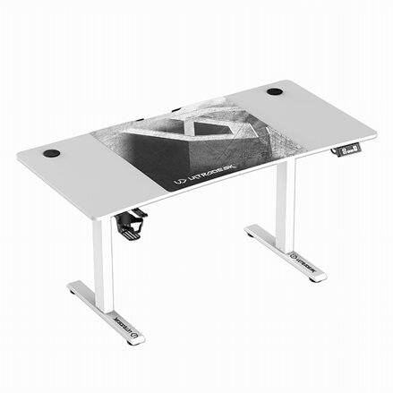 ULTRADESK Herní stůl LEVEL V2 WHITE, 140x68cm, 72-117cm, elektricky nastavitelná výška, s XXL podložkou pod myš, držák sluchátek i
