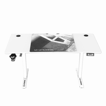 ULTRADESK Herní stůl LEVEL V2 WHITE, 140x68cm, 72-117cm, elektricky nastavitelná výška, s XXL podložkou pod myš, držák sluchátek i