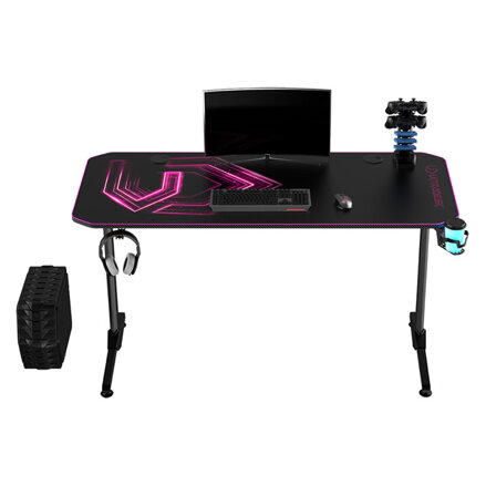 ULTRADESK Herní stůl FRAG - PINK V3, 140x60 cm, 76 cm, s XXL podložkou pod myš, s ultradesk BEAM, držák sluchátek i nápojů