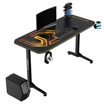 ULTRADESK Herní stůl FRAG - GOLD V3, 140x60 cm, 76 cm, s XXL podložkou pod myš, s ultradesk BEAM, držák sluchátek i nápojů