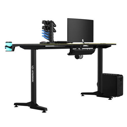 ULTRADESK Herní stůl FRAG - GOLD V3, 140x60 cm, 76 cm, s XXL podložkou pod myš, s ultradesk BEAM, držák sluchátek i nápojů