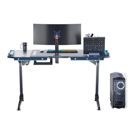 ULTRADESK Herní stůl SPACE XXL V2 BLACK, 144x70 cm, 75 cm, LED RGB podsvícení s dotykovým panelem, s XXL podložkou pod myš