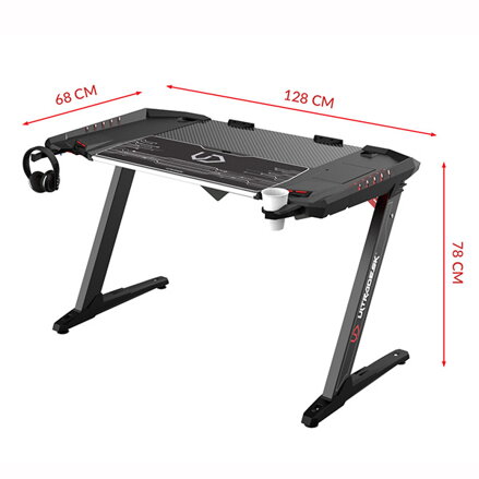 ULTRADESK Herní stůl ROCKET BLACK, 128x68 cm, 78 cm, s XL podložkou pod myš, držák sluchátek i nápojů