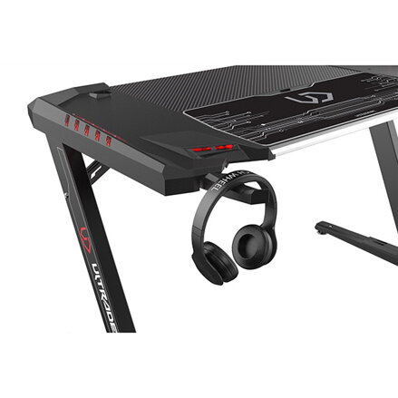 ULTRADESK Herní stůl ROCKET BLACK, 128x68 cm, 78 cm, s XL podložkou pod myš, držák sluchátek i nápojů