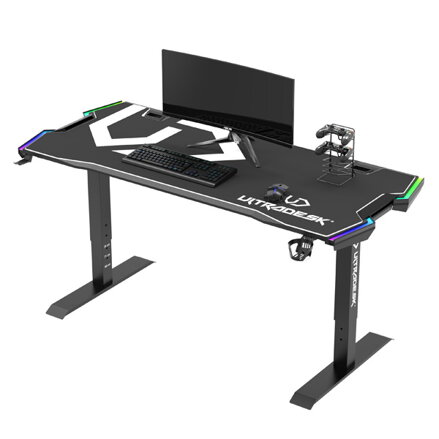 ULTRADESK Herní stůl FORCE - bílý, 166x70 cm, 76.5 cm, s XXL podložkou pod myš, držák sluchátek i nápojů, RGB podsvícení