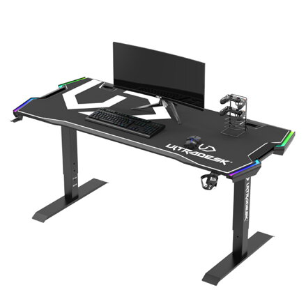 ULTRADESK Herní stůl FORCE - bílý, 166x70 cm, 76.5 cm, s XXL podložkou pod myš, držák sluchátek i nápojů, RGB podsvícení