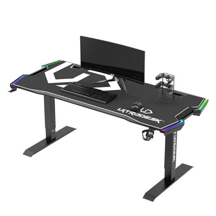 ULTRADESK Herní stůl FORCE - bílý, 166x70 cm, 76.5 cm, s XXL podložkou pod myš, držák sluchátek i nápojů, RGB podsvícení