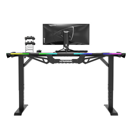 ULTRADESK Herní stůl FORCE - bílý, 166x70 cm, 76.5 cm, s XXL podložkou pod myš, držák sluchátek i nápojů, RGB podsvícení