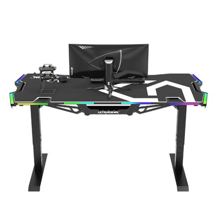ULTRADESK Herní stůl FORCE - bílý, 166x70 cm, 76.5 cm, s XXL podložkou pod myš, držák sluchátek i nápojů, RGB podsvícení