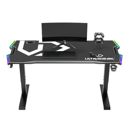 ULTRADESK Herní stůl FORCE - bílý, 166x70 cm, 76.5 cm, s XXL podložkou pod myš, držák sluchátek i nápojů, RGB podsvícení