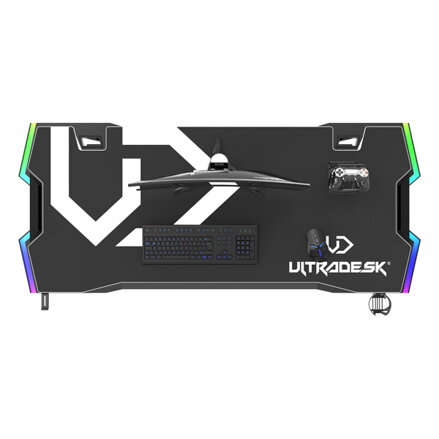 ULTRADESK Herní stůl FORCE - bílý, 166x70 cm, 76.5 cm, s XXL podložkou pod myš, držák sluchátek i nápojů, RGB podsvícení