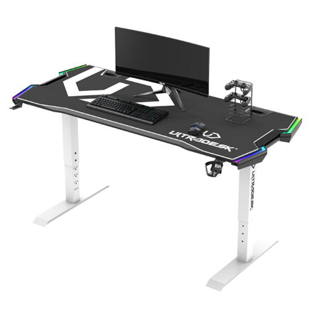 ULTRADESK Herní stůl FORCE SNOW - bílý, 166x70 cm, 76.5 cm, s XXL podložkou pod myš, držák sluchátek i nápojů, RGB podsvícení