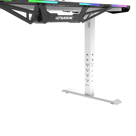 ULTRADESK Herní stůl FORCE SNOW - bílý, 166x70 cm, 76.5 cm, s XXL podložkou pod myš, držák sluchátek i nápojů, RGB podsvícení