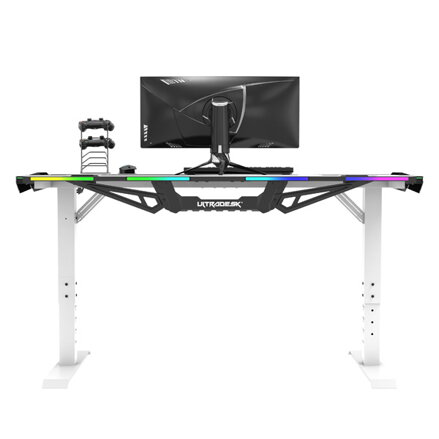 ULTRADESK Herní stůl FORCE SNOW - bílý, 166x70 cm, 76.5 cm, s XXL podložkou pod myš, držák sluchátek i nápojů, RGB podsvícení