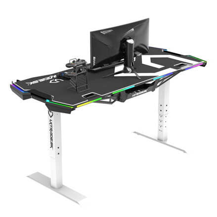 ULTRADESK Herní stůl FORCE SNOW - bílý, 166x70 cm, 76.5 cm, s XXL podložkou pod myš, držák sluchátek i nápojů, RGB podsvícení