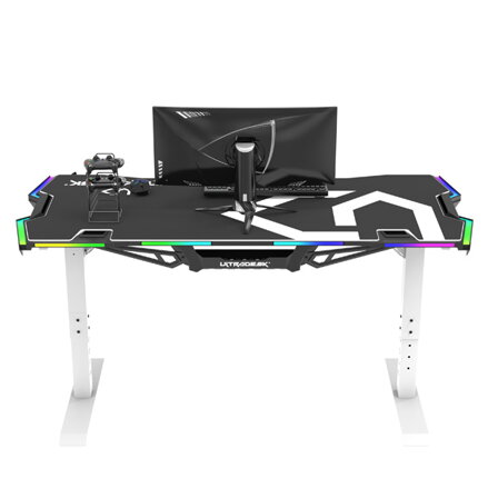 ULTRADESK Herní stůl FORCE SNOW - bílý, 166x70 cm, 76.5 cm, s XXL podložkou pod myš, držák sluchátek i nápojů, RGB podsvícení