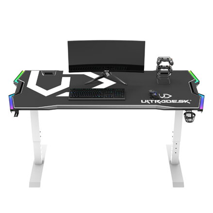 ULTRADESK Herní stůl FORCE SNOW - bílý, 166x70 cm, 76.5 cm, s XXL podložkou pod myš, držák sluchátek i nápojů, RGB podsvícení