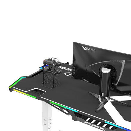 ULTRADESK Herní stůl FORCE SNOW - bílý, 166x70 cm, 76.5 cm, s XXL podložkou pod myš, držák sluchátek i nápojů, RGB podsvícení