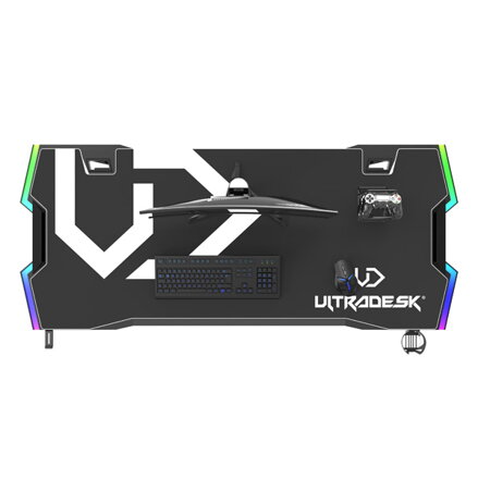 ULTRADESK Herní stůl FORCE SNOW - bílý, 166x70 cm, 76.5 cm, s XXL podložkou pod myš, držák sluchátek i nápojů, RGB podsvícení
