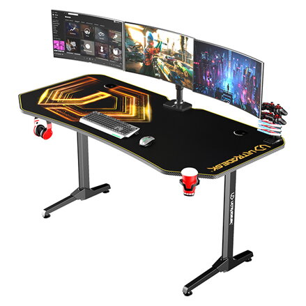 ULTRADESK Herní stůl FRAG XXL GOLD, 160 x 75 cm, 75 cm, držák nápojů a sluchátek, stojan BEAM, s celoplošnou XXL podložkou pod myš