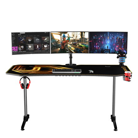 ULTRADESK Herní stůl FRAG XXL GOLD, 160 x 75 cm, 75 cm, držák nápojů a sluchátek, stojan BEAM, s celoplošnou XXL podložkou pod myš