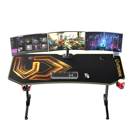 ULTRADESK Herní stůl FRAG XXL GOLD, 160 x 75 cm, 75 cm, držák nápojů a sluchátek, stojan BEAM, s celoplošnou XXL podložkou pod myš
