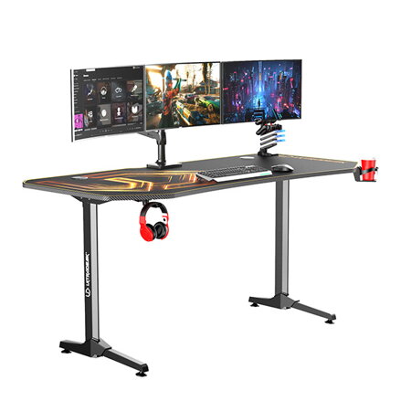 ULTRADESK Herní stůl FRAG XXL GOLD, 160 x 75 cm, 75 cm, držák nápojů a sluchátek, stojan BEAM, s celoplošnou XXL podložkou pod myš