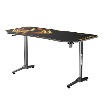 ULTRADESK Herní stůl FRAG XXL GOLD, 160 x 75 cm, 75 cm, držák nápojů a sluchátek, stojan BEAM, s celoplošnou XXL podložkou pod myš