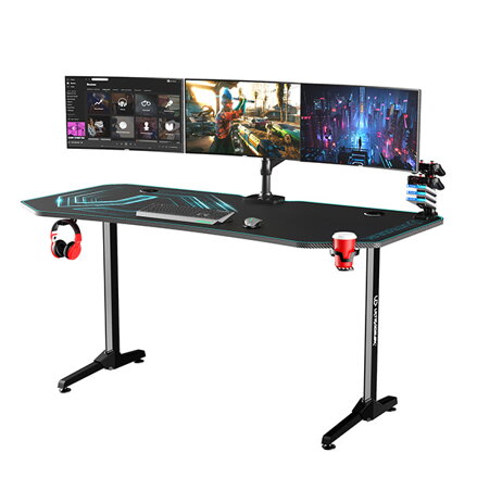 ULTRADESK Herní stůl FRAG XXL BLUE, 160 x 75 cm, 75 cm, držák nápojů a sluchátek, stojan BEAM, s celoplošnou XXL podložkou pod myš