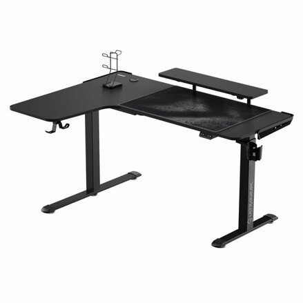 ULTRADESK Herní stůl WINGER - černý, 111x155x60 cm, 75-122 cm, elektricky nastavitelná výška, RGB podsvícení, držák sluchátek i ná
