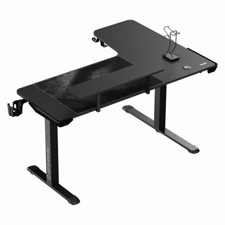 ULTRADESK Herní stůl WINGER - černý, 111x155x60 cm, 75-122 cm, elektricky nastavitelná výška, RGB podsvícení, držák sluchátek i ná