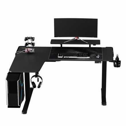 ULTRADESK Herní stůl WINGER - černý, 111x155x60 cm, 75-122 cm, elektricky nastavitelná výška, RGB podsvícení, držák sluchátek i ná