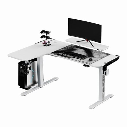 ULTRADESK Herní stůl WINGER - bílý, 111x155x60 cm, 75-122 cm, elektricky nastavitelná výška, RGB podsvícení, držák sluchátek i náp