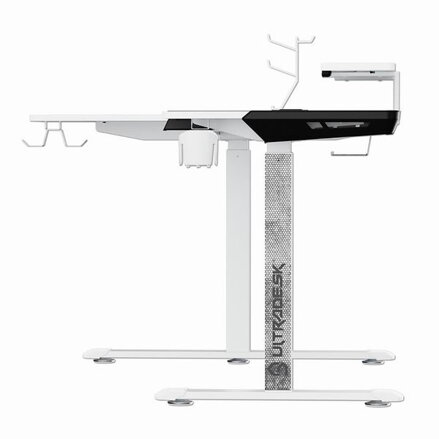 ULTRADESK Herní stůl WINGER - bílý, 111x155x60 cm, 75-122 cm, elektricky nastavitelná výška, RGB podsvícení, držák sluchátek i náp