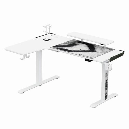 ULTRADESK Herní stůl WINGER - bílý, 111x155x60 cm, 75-122 cm, elektricky nastavitelná výška, RGB podsvícení, držák sluchátek i náp