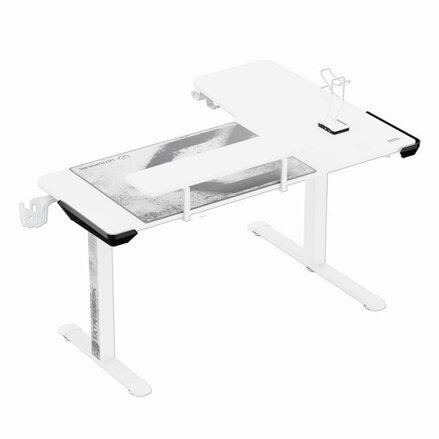 ULTRADESK Herní stůl WINGER - bílý, 111x155x60 cm, 75-122 cm, elektricky nastavitelná výška, RGB podsvícení, držák sluchátek i náp