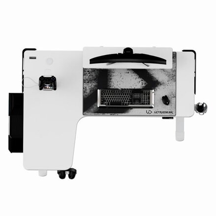 ULTRADESK Herní stůl WINGER - bílý, 111x155x60 cm, 75-122 cm, elektricky nastavitelná výška, RGB podsvícení, držák sluchátek i náp
