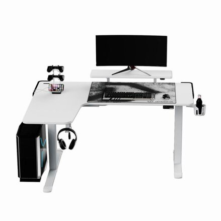 ULTRADESK Herní stůl WINGER - bílý, 111x155x60 cm, 75-122 cm, elektricky nastavitelná výška, RGB podsvícení, držák sluchátek i náp