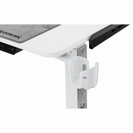 ULTRADESK Herní stůl WINGER - bílý, 111x155x60 cm, 75-122 cm, elektricky nastavitelná výška, RGB podsvícení, držák sluchátek i náp