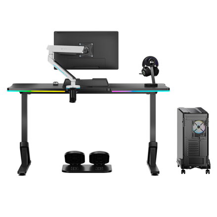 ULTRADESK Herní stůl IRON, 132,5x60,5 cm, 71-81  cm, elektricky nastavitelná výška, RGB podsvícení