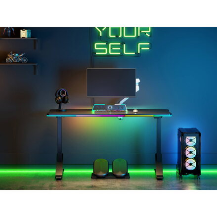 ULTRADESK Herní stůl IRON, 132,5x60,5 cm, 71-81  cm, elektricky nastavitelná výška, RGB podsvícení