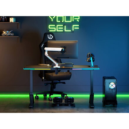 ULTRADESK Herní stůl IRON, 132,5x60,5 cm, 71-81  cm, elektricky nastavitelná výška, RGB podsvícení