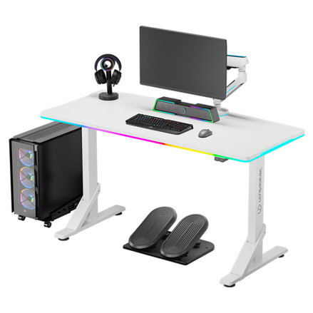 ULTRADESK Herní stůl IRON WHITE, 132,5x60,5 cm, 71-81  cm, mechanicky nastavitelná výška,RGB podsvícení