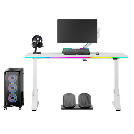 ULTRADESK Herní stůl IRON WHITE, 132,5x60,5 cm, 71-81  cm, mechanicky nastavitelná výška,RGB podsvícení