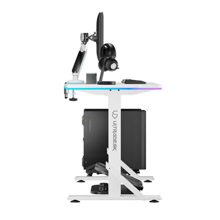 ULTRADESK Herní stůl IRON WHITE, 132,5x60,5 cm, 71-81  cm, mechanicky nastavitelná výška,RGB podsvícení