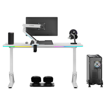 ULTRADESK Herní stůl IRON WHITE, 132,5x60,5 cm, 71-81  cm, mechanicky nastavitelná výška,RGB podsvícení